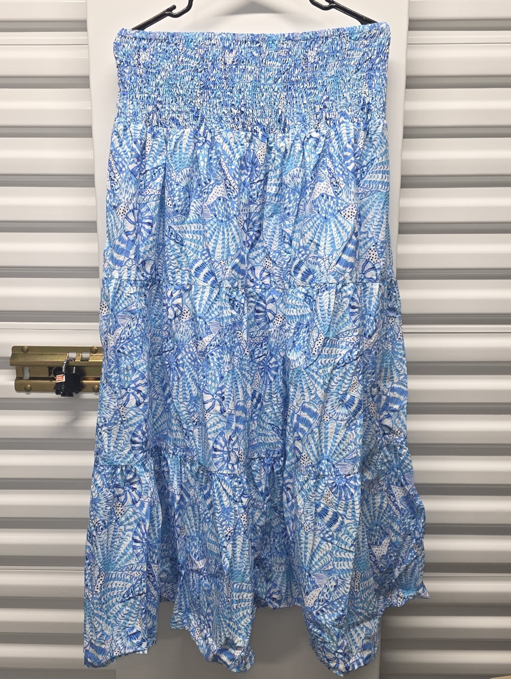 Lilly Pulitzer Aston Blue Shell-Print Smocked Tiered Maxi Skirt Women XL